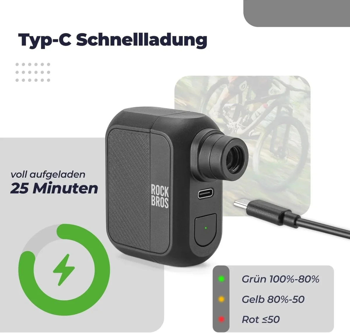 ROCKBROS Mini pompe à vélo électrique Mini pompe rechargeable maximale 100PSI – Image 3