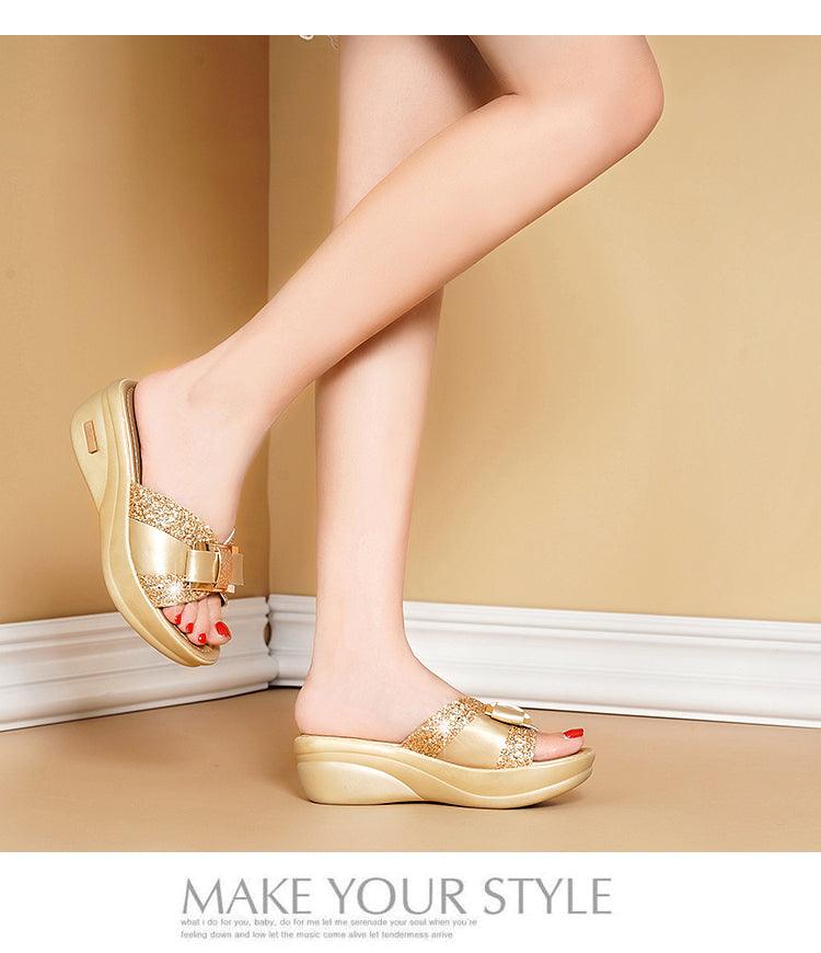 Sandales compensées Dorée avec nœud de papillon – Image 8